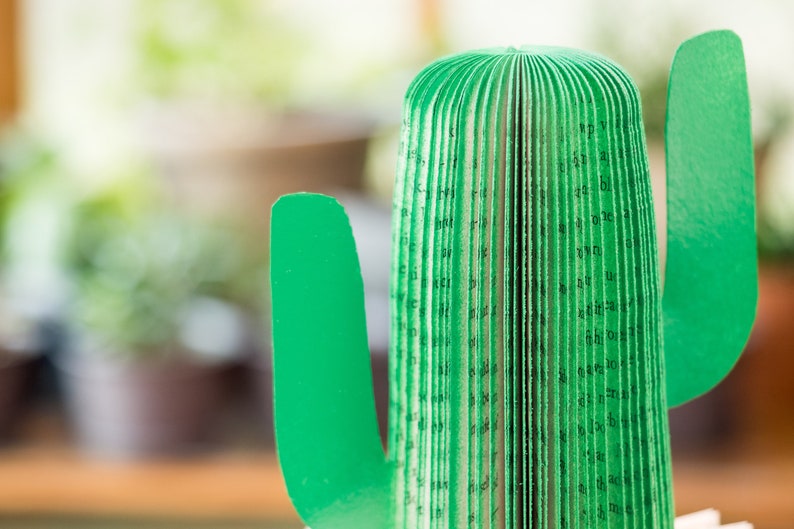 Op de afbeelding: Een groene papieren cactus met een gevouwen boekrug. De cactus is gemaakt van papier en is groen van kleur.