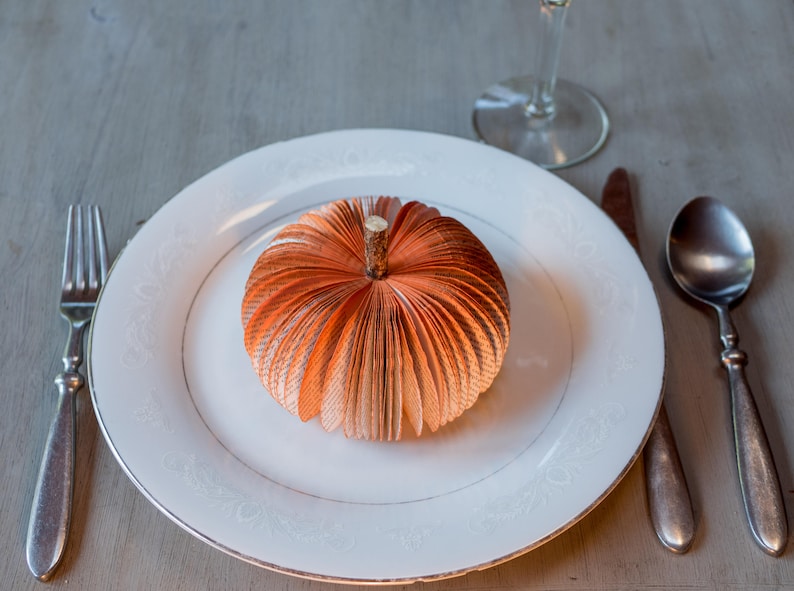 Op de afbeelding: Een wit bord met een decoratieve oranje papieren pompoen erop. Het bord staat op een houten tafel met een zilveren vork en lepel en een glas water.