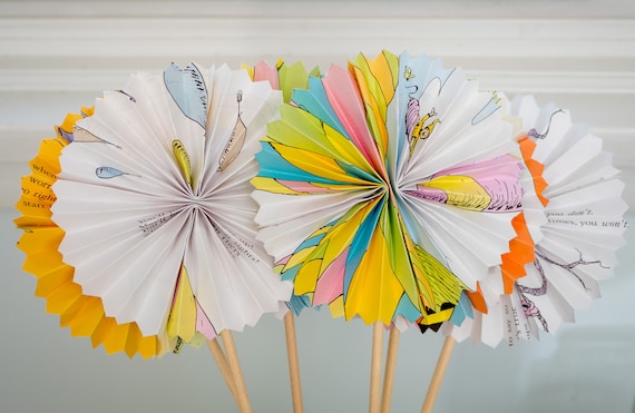 Oh The Places You'll Go Paper Fans- Paper Pinwheels-Cupcake Toppers-Dr Seuss Birthday Party-Seuss Classroom Decor
