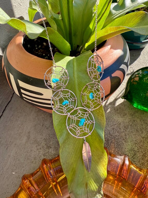 Vintage Sterling Silver Turquoise Dreamcatcher Necklace