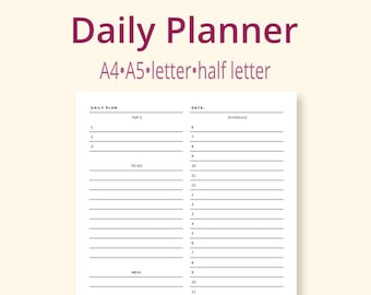 Op de afbeelding: Een witte dagplanner met een minimalistisch ontwerp. De planner bevat secties voor dagelijkse plannen, takenlijsten, maaltijdplanning en memo's. De tekst bovenaan luidt "Daily Planner" en "A4 A5 letter half letter". De tekst onderaan zegt "Instat Download".
