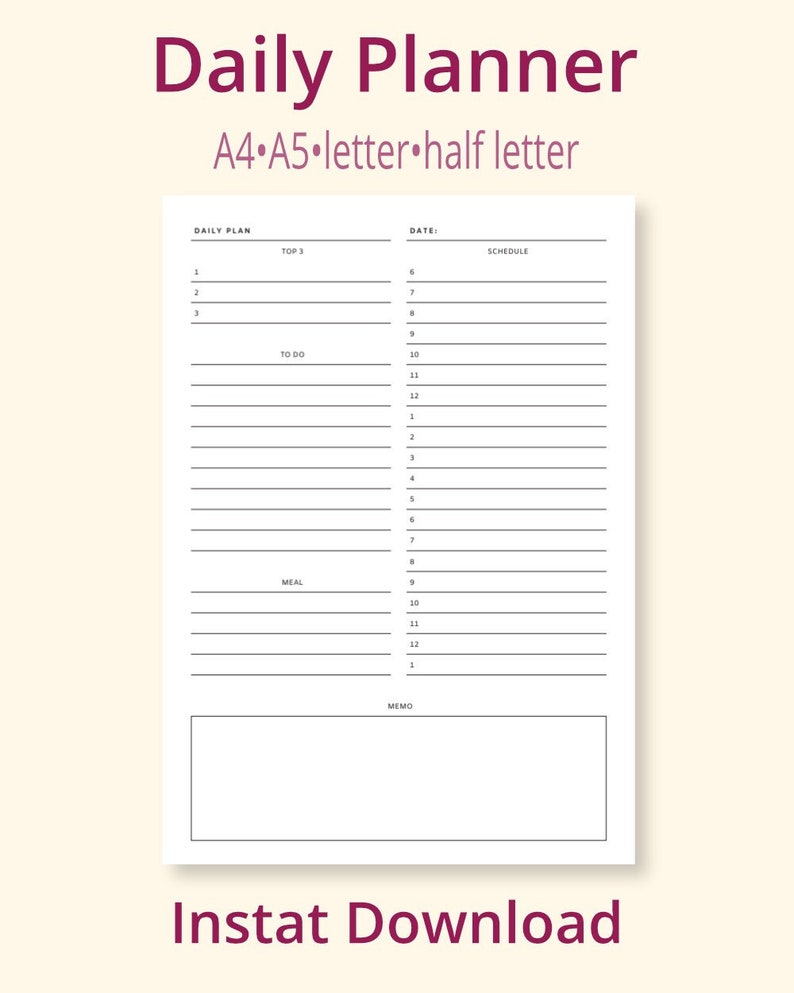 Daily Planner Printable A4 A5 US Letter Half Letter Size - Etsy Israel