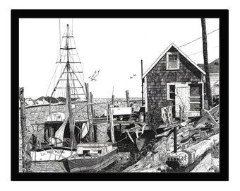 Nantucket Wharf, Pen and Ink Print