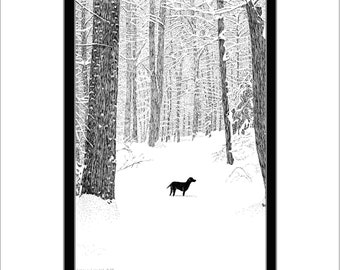 Duncan in the Snow, Pen and Ink Print, Labrador Retriever