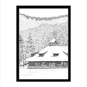 May include: A black and white pen and ink drawing of a round building with a snow-covered roof. The building has many windows and is surrounded by trees. The drawing is framed in black.