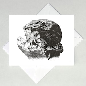 May include: Black and white pen and ink illustration of a lizard perched on a rock. The lizard is facing to the left and has a textured, scaly body.