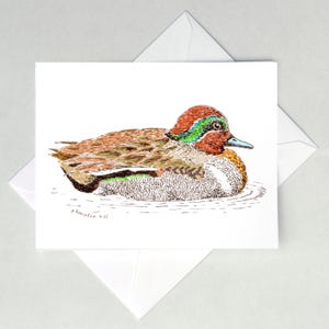 May include: A watercolour illustration of a teal duck on a white card, with a white envelope behind it. The duck has a brown body, a red head with a green stripe, and a blue beak. The artwork is signed.