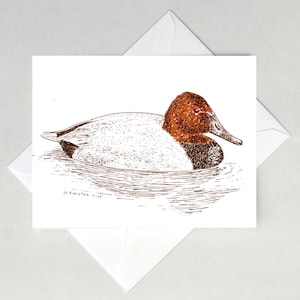 May include: A pen and ink illustration of a duck floating on water. The duck has a brown head and neck, a white body, and a black and white wing. The artwork is on a white card with a white envelope.