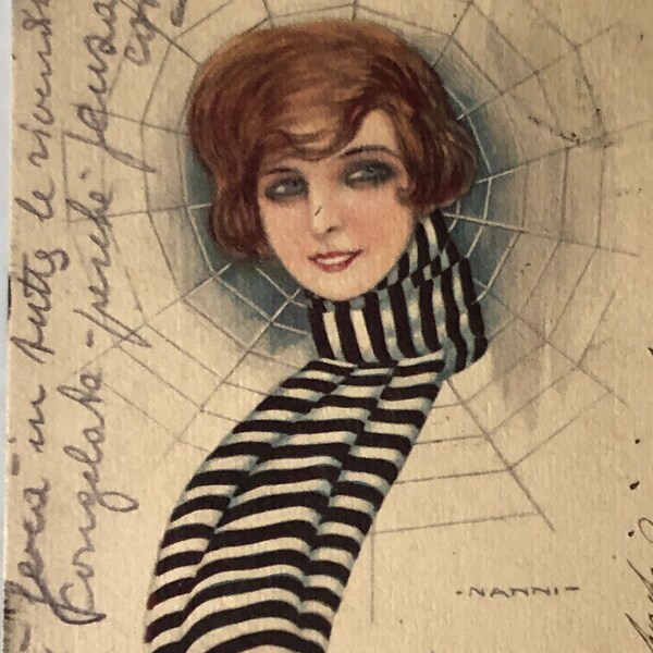 Collectible postcard, vintage, original, no reprint, no photocopy, signed Nanni, spider, cobweb, 1921, Italy