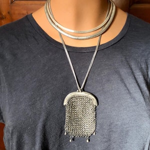 Monedero, monedero, chatelaine, malla de plata 800, compartimentos internos, anillo de cadena, principios de 1900, Italia