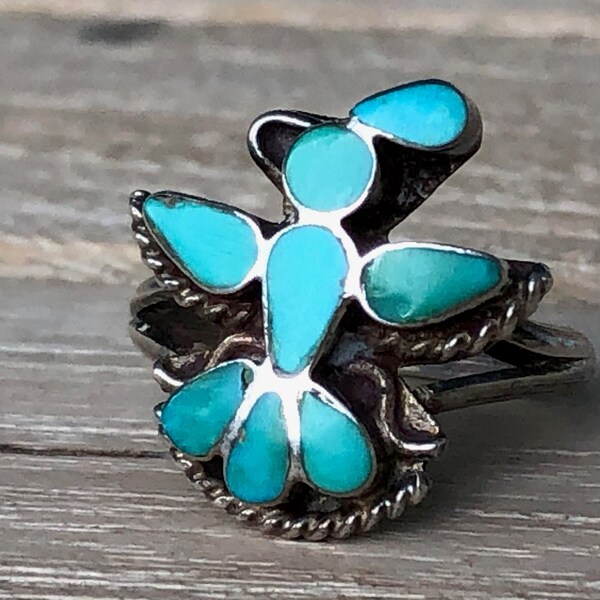 Vintage Silber Adler und natürlicher Türkis Ring, Zuni, Navajo, Indianer, handgefertigter Schmuck, 1920er/1930er Jahre, US Größe 6,5