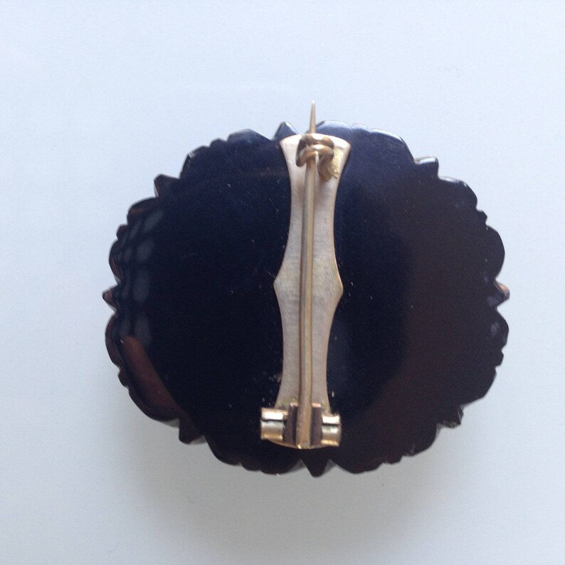 May include: Black carved cameo brooch with a gold tone pin and clasp.