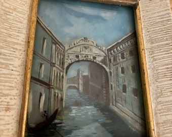 Three-dimensional miniature, diorama, Bridge of Sighs in Venice, oil on wood and glass, vintage 1940s/50s, Italy