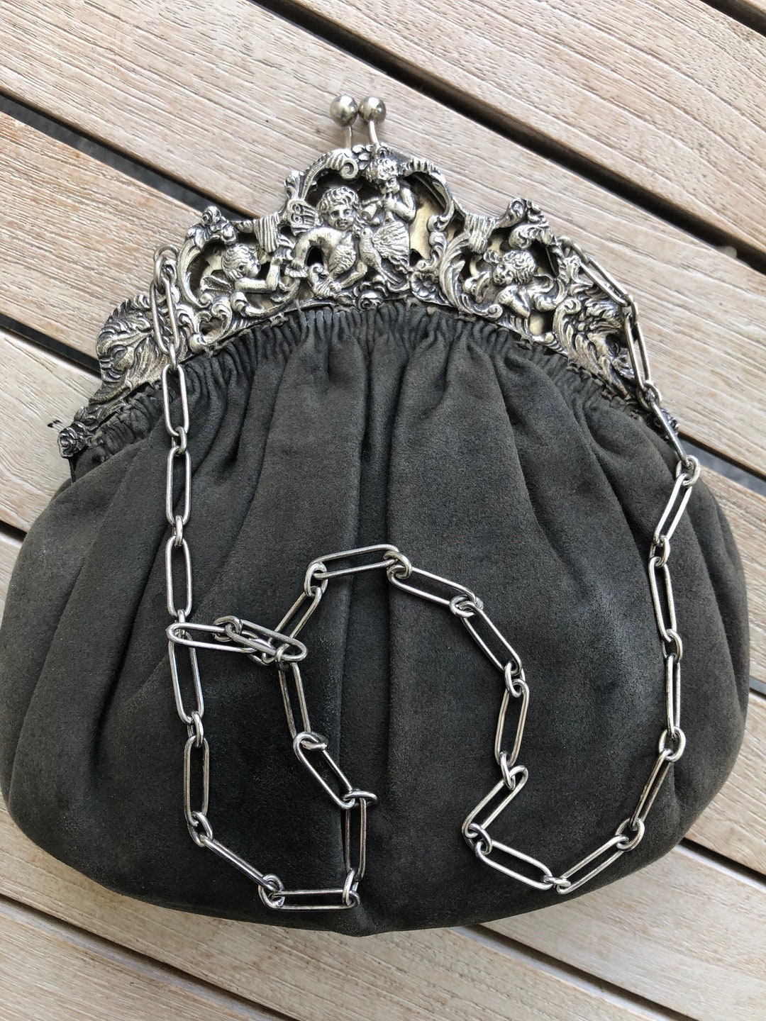 800 Silbertasche, Silberrahmen und Kette, echtes Wildleder