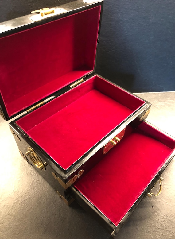 Chinese Black Lacquered Wood Jewelry Box, Hardstone Inlays