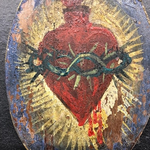Ex Voto Sacred Heart, Oval Oil Painting on wood , Votive Painting, Italian Folk Art, Devotional Religious Icon, 19th cen, Italy