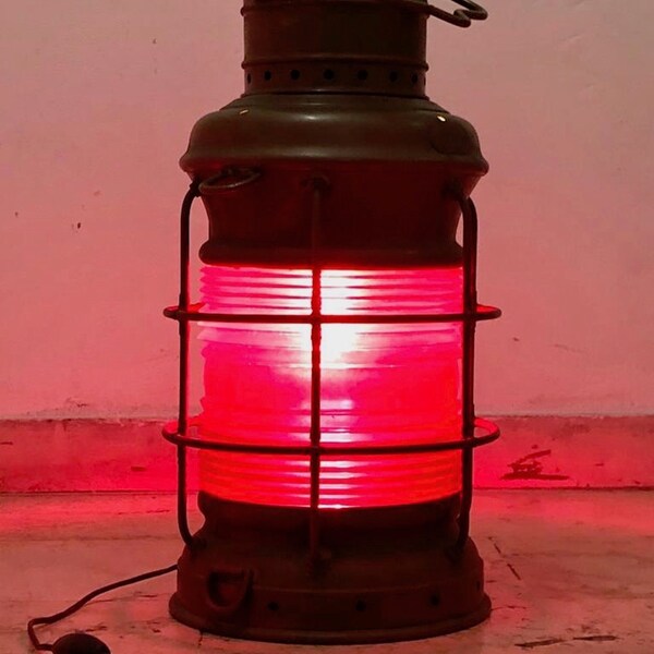 Red Marine Light, old naval lantern, position light for ship, copper, brass, red glass, early '900, New York