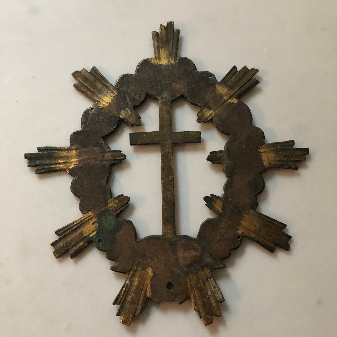 Antique Catholic Processional Finial, Embossed Brass Devotional Plaque ...