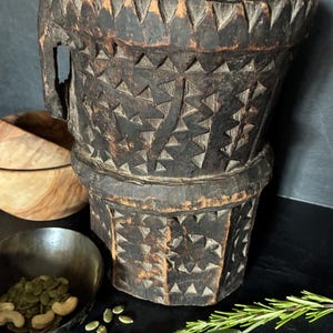 Antique carved wooden mortar, Swat Valley, Nuristan Afghanistan, 19th–20th century, Afghan tribal ethnographic art, original patina