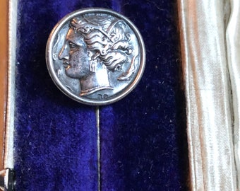 Antique lapel pin with silver coin, silver head stickpin, lapel pin, early 1900s