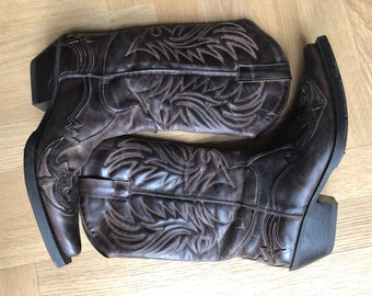 Texan boots, real leather, men's boot, camperos, western boots, carvings and embroidery, dark brown, size IT 42
