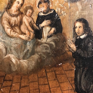 Exvoto, votive painting, oil on wood, grace received, prayer, Virgin Mary, Jesus, Saint Anthony, 18th century, Italy