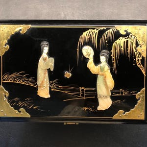 Chinese black lacquered wood Jewelry Box, hardstone inlays, gold painting, brass decorations, oriental Trinket Box, early 1900s, China