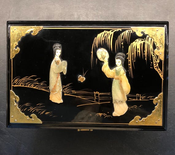 Chinese Black Lacquered Wood Jewelry Box, Hardstone Inlays