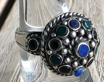 925 silver ring, and multi natural gems, lapis lazuli, tourmalines, onyx, nomadic tribes, Berber or Tuareg ring, vintage 70s