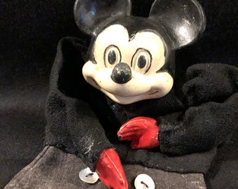 Vintage Musse Pigg handdocka – komposithuvud, signerad Walt Disney, Italien 1940–1950-talen