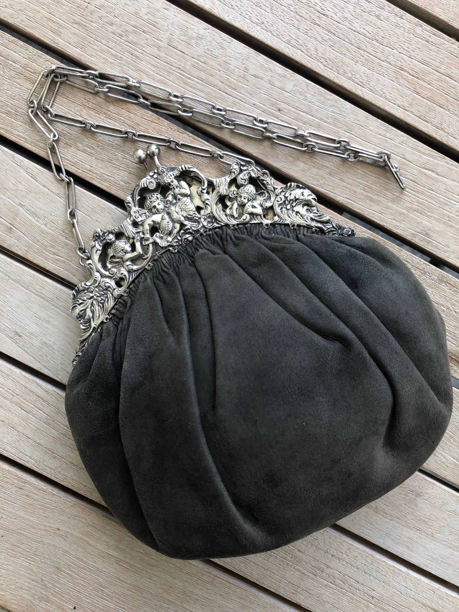 Purse Bag, 800 Silver Frame and Chain, Suede Leather, Hand Purse Bag, 800 Silver Frame and Chain, Suede Leather, Hand