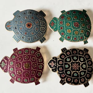 One Brass Belt Buckle, handmade, 1970s-1980s Indian, multi-colored, enameled brass turtle buckle with free vintage pouch.