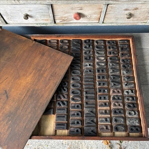 Puede incluir: Una caja de madera de imprenta llena de bloques individuales de tipografía. Los bloques son negros y están dispuestos en filas dentro de la caja de madera. La tapa de la caja está parcialmente abierta. El fondo incluye un mueble de madera.