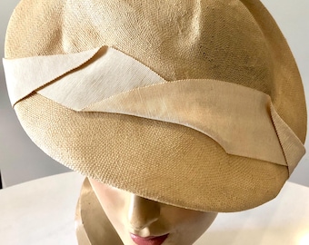 Cappello d’Epoca in Paglia Finissima con Nastro in Seta – Vintage Anni ’30‑‘40, Moda Couture, Italia