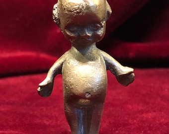 Antique bronze doll figure mascot, wax seal stamp, kewpie, lucky charm, Targa Florio, hood ornament, 1920, Italy