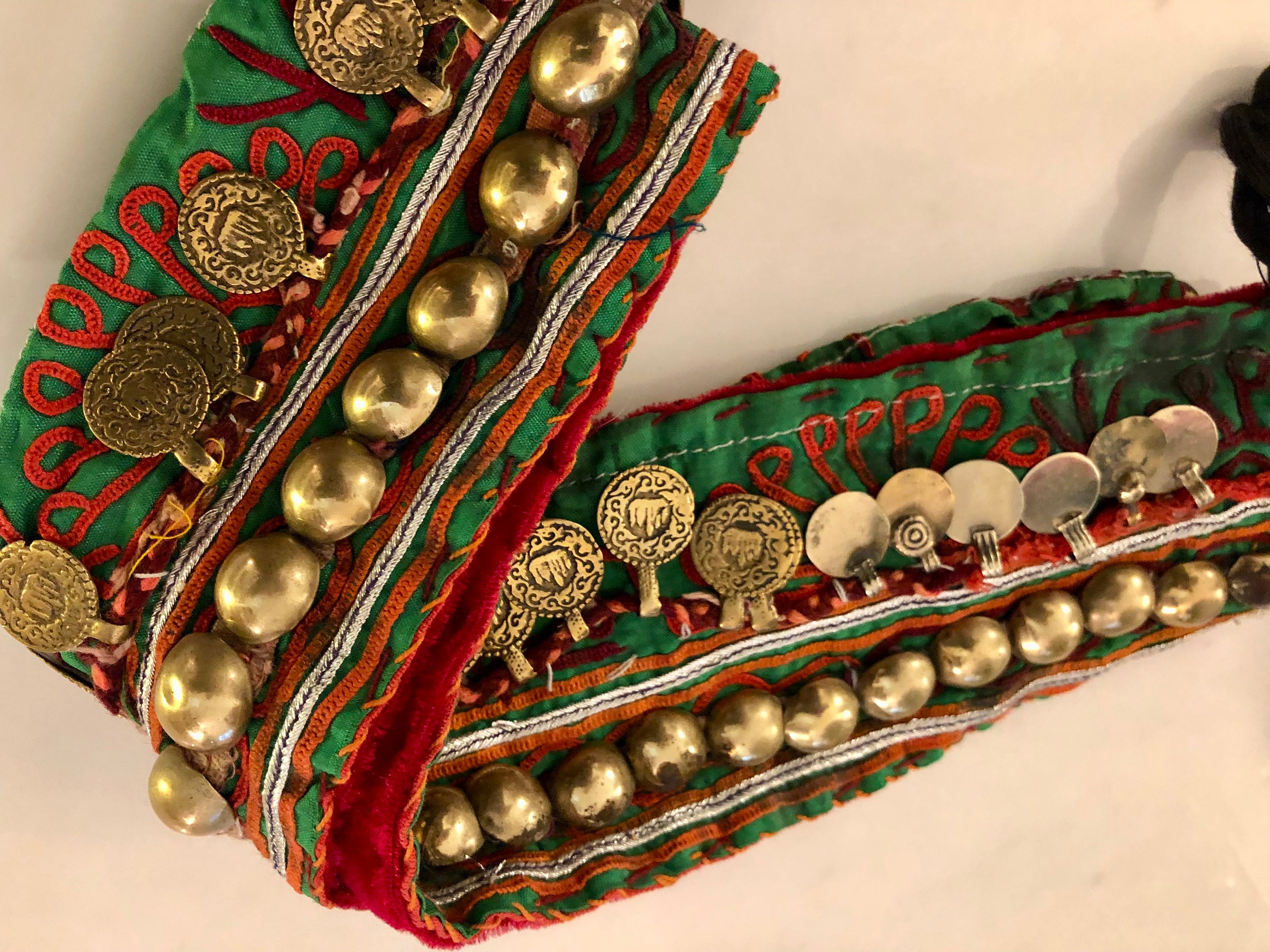 Belt, Afghan Sash, with Coins and brass Studs, hand embroidery, Ethnic Belt, Boho Chic Style, Ethnic, Nomad, vintage '70s, Afghanistan