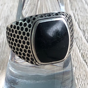 Silver ring, men&#39;s chevalier, 925 sterling silver, onyx, vintage 70s, Italy