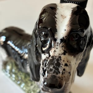 Puede incluir: Figura de perro de cerámica con pelaje moteado blanco y negro, tapón negro y base verde. El acabado brillante y los detalles del perro crean una apariencia realista. Este artículo decorativo es una adición encantadora a cualquier decoración del hogar.
