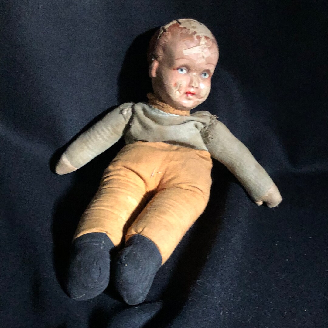 Antique Doll in Papier Machè, Stuffed With Straw and Felted Fabric