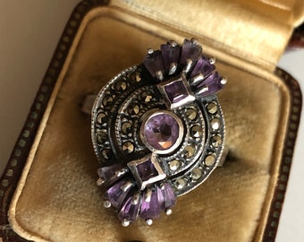 Antique Amethyst ring, sterling silver, marcasite, cage bezel, vintage 1940s, Italy
