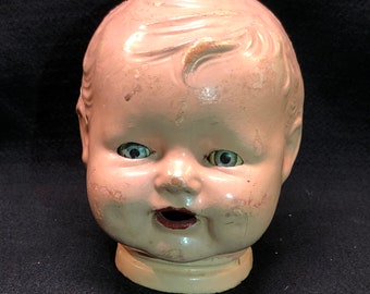 Cabeza de muñeca en papel maché, papel maché, pintada a mano, principios de 1900, Italia