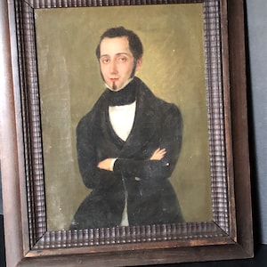 Biedermeier Gentleman Portrait, oil on canvas paint, antique, wood framed, naive, early 19th century, Central Europe, 1820, Germany