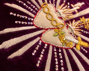 Vintage Sacred Hearts Embroidery - Purple Velvet, Metallic Threads & Sequins - Jesus and Our Lady of Sorrows - Devotional Textile Art