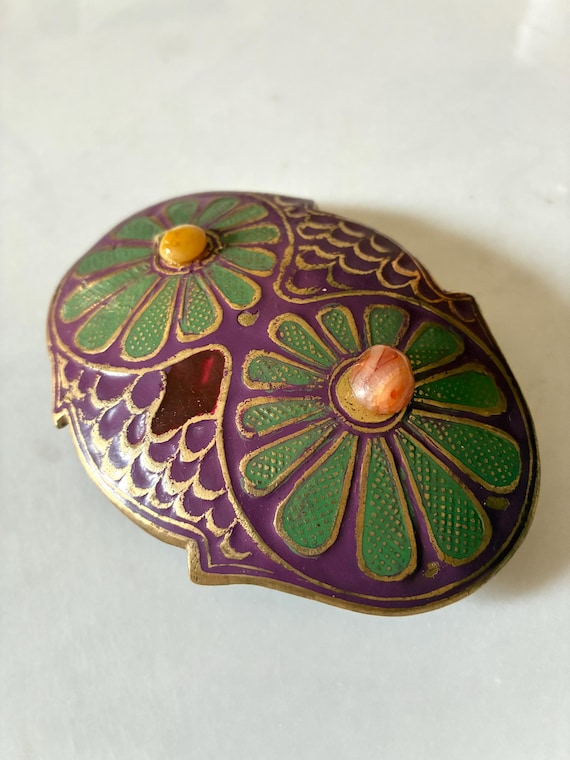Owl Belt Buckle – Brass Enamel & Gemstone Eyes – Vintage  display picture 1