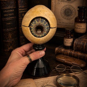May include: An anatomical model of a human eye featuring a beige, spherical outer shell with a detailed, multi-colored iris and a central pupil, mounted on a black pedestal base. The model displays intricate painted textures and anatomical detail.