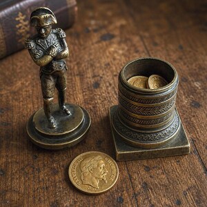 Pode incluir: Uma estatueta de bronze de Napoleão Bonaparte, um pequeno porta-moedas com moedas e uma moeda de ouro com o perfil de Napoleão. Os itens estão em uma superfície de madeira, sugerindo um tema histórico ou colecionável.