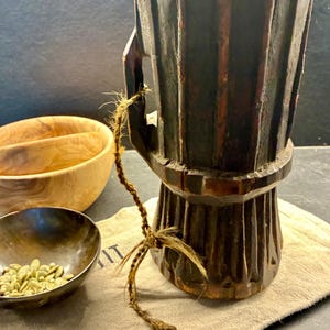 Antique carved wood mortar, Swat Valley, Nuristan Afghanistan, Afghan tribal ethnographic art, original patina