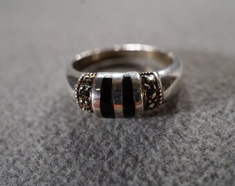 Vintage Art Deco Style Sterling Silver Genuine Black Onyx Scrolled Band Ring Size 6 Jewelry K