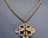 Vintage Art Deco Style Yellow Gold Tone Designer Signed Sarah Coventry Glass Stone Rhinestone Pendant Dangle Necklace Jewelry K 12
