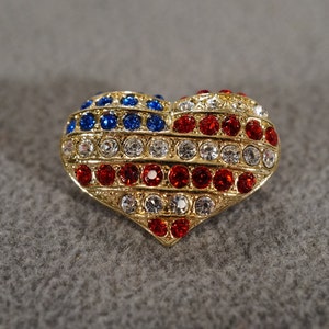 Vintage Art Deco Style Yellow Gold Tone Rhinestone Red White Blue